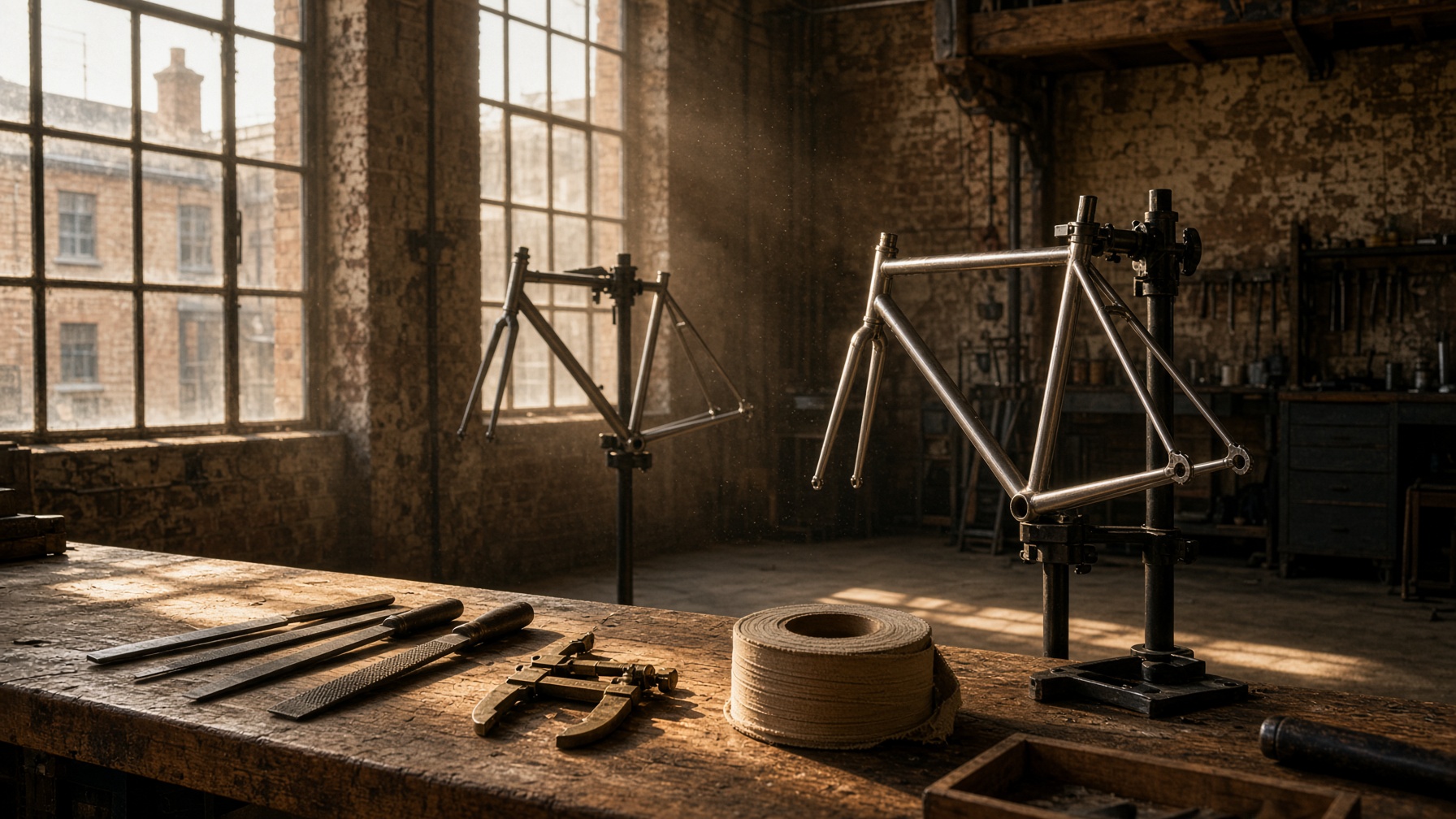 Sunlit workshop with two bare steel frames on repair stands
